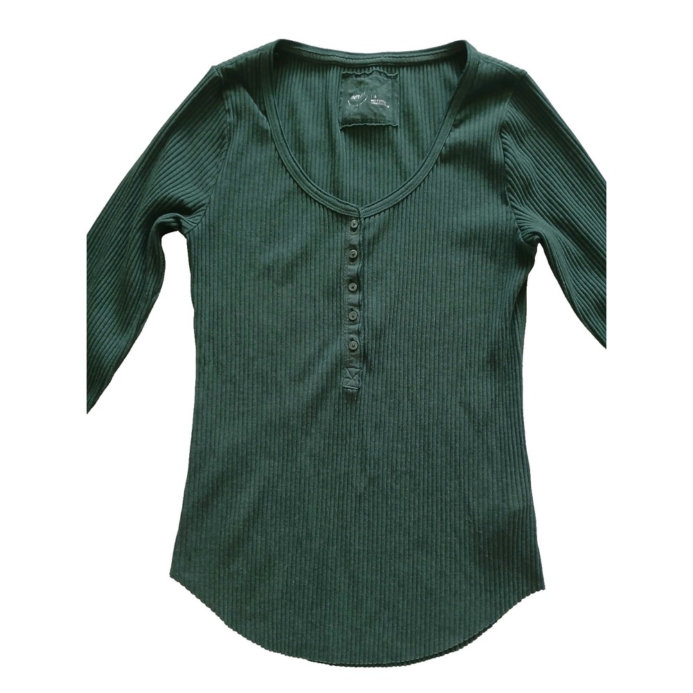 Aerie Ribbed Henley Hunter Green Long Sleeve Size Large